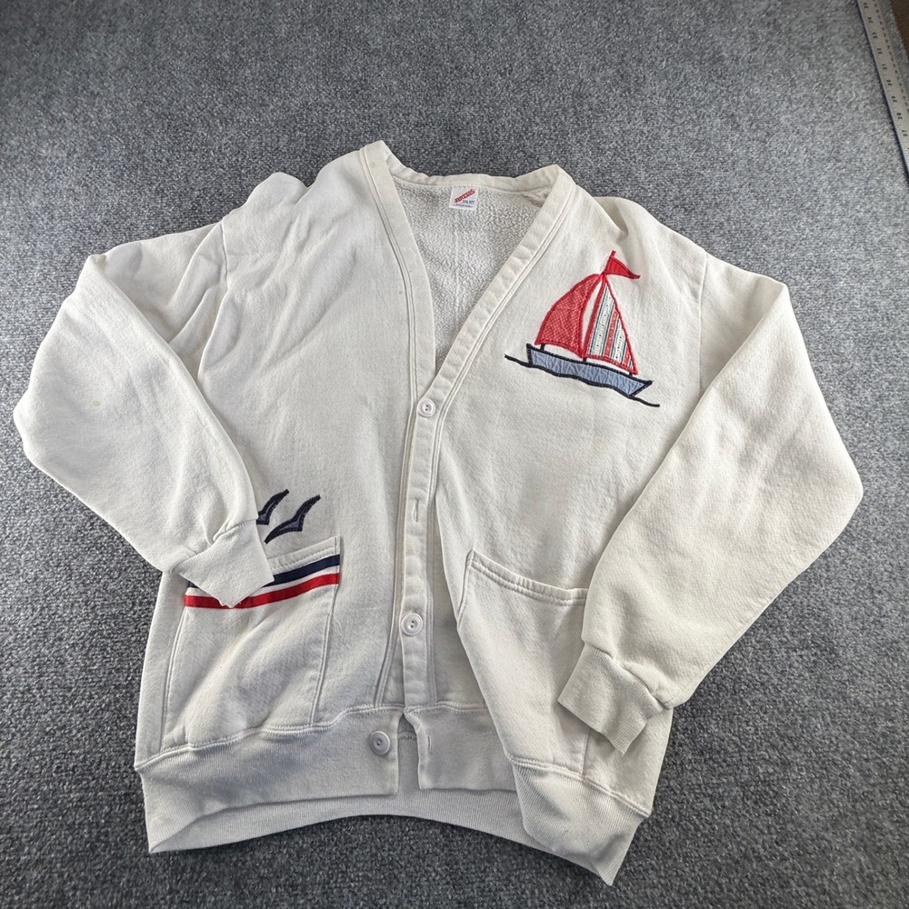 Vintage Jerzees Sailboat Nautical Cardigan Sweatshirt White One Size USA Made